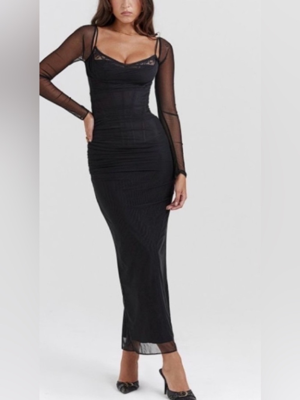 Nwot House Of Cb Katarina Black Corset Lace Mesh Long Sleeve Gown Sz Xl